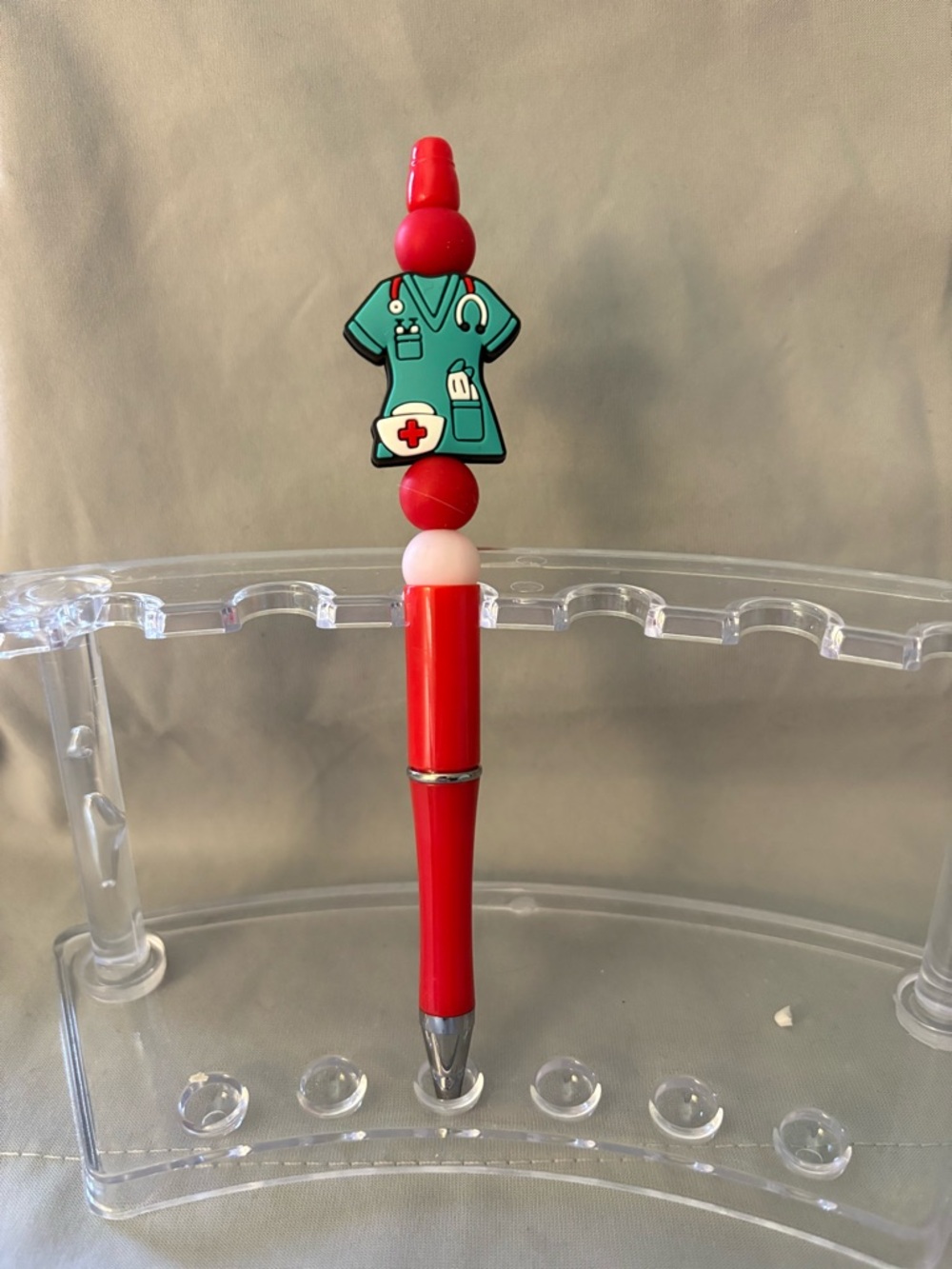 Red Nurse-Themed Ballpoint Pen with Teal Scrub Charm